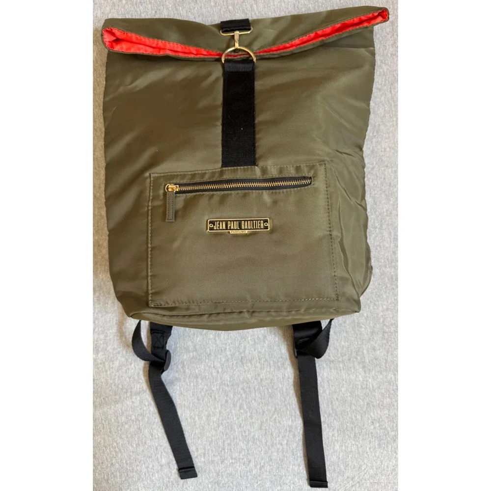 Jean Paul Gaultier Olive Green Black Roll-Top Backpack Orange Interior